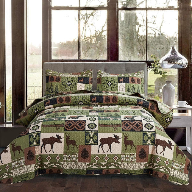 Oliven 3 Pcs Cabin Bedding Quilt King Size Lodge Moose Bear Quilt Set Green Brown Patchwork Rustic Bedspread Forest Coverlet All Seasons Plaid Bed Cover with Pillow Shams