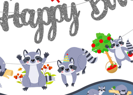 Raccoon Happy Birthday Banners Silver Woodland Party Decoration Themed Cutout for Lover Birthday Woodland Animal Baby Shower Supplies