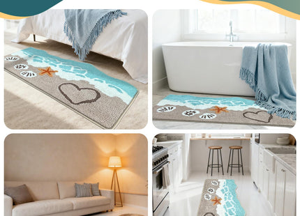 Beach Bathroom Rugs Soft Absorbent Ocean Wave Bath Mat with Non-Slip Backing Coastal Decor for Bathroom Kitchen Entryway, Blue Sea Design with Starfish Shells Pattern Bath Decor (C, 24"x47")