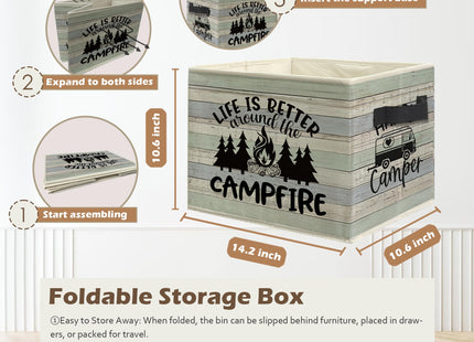 Ghoaoivo Rustic Camping Storage Box Bins, Life Is Better Around the Campfire Collapsible Storage Basket Organizer for Camper Bedroom Laundry Room Home Clothes Books, Decor for Room