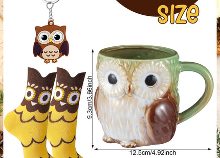 Newtay 3 Pcs Owl Gift Set for Women, Yellow, Owl, Mug Keychain Socks