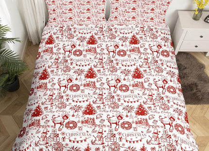 Merry Christmas Duvet Cover Set Full Size,Xmas Tree Snowman Elk Comforter Cover Rustic Cabin Bedding Set 3Pcs for Kids Teens Girls Boys Bedroom Decor Sketch Red Beige Quilt Cover,2 Pillowcases