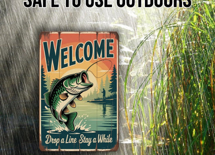 Welcome Fishing Sign – Largemouth Bass Lake Cabin Metal Wall Art