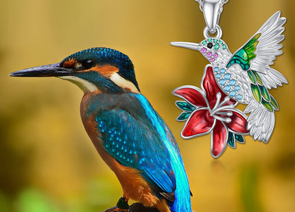 PEIMKO Hummingbird Necklace Enamel Hummingbird Pendant Necklace Sterling Silver Cute Aniamal Bird Necklace with Flower Bird Pendant for Women
