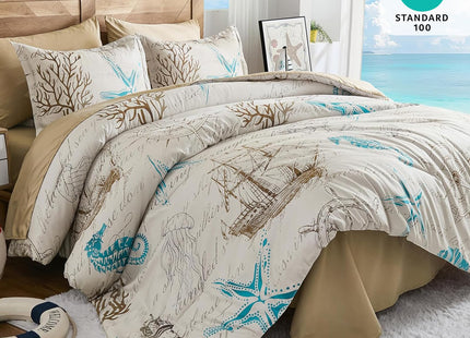 Comforter Set King Size Coastal, Beach Themed Comforters,7 Pieces Ocean Starfish Bed in a Bag Nautical Bedding with Sheets for Spring Summer