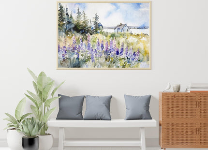 Generic Maine Coast Art Print Lupine Flowers Painting Maine Landscape Coastal Wall Art, 11 x 17 Inches, 16 x 24 Inches. 24 x 36 Inches, white