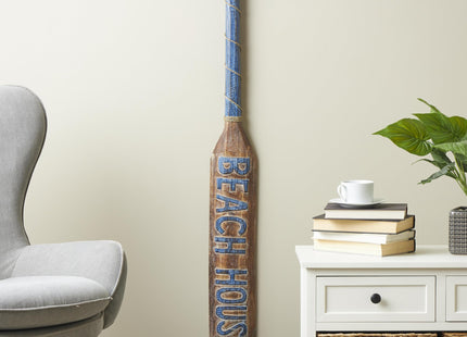 Deco 79 Wood Paddle Home Wall Decor Beach House Sign Wall Sculpture with Blue Accents and Rope Detail, Wall Art 6" x 2" x 47", Brown
