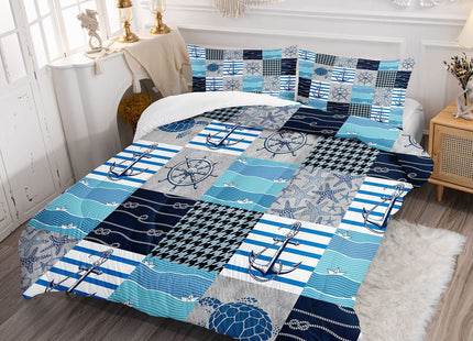 Datura home Nautical Anchor Sailor Comforter Bedding Set for Kids Teens Adults,Ocean Themed Rustic Buffalo Plaid Patchwork Blue Sea Microfiber Comforter with 2 Pillowcases(Anchor Sailor Twin)