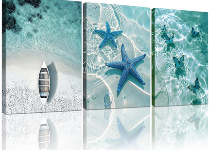 Ocean Wall Art Beach Canvas Print Starfish Shell on Teal Board Paintings Coastal Seascape Picture Blue Butterfly Artwork for Home Kitchen Bathroom Living Room Wall Decor Ready to Hang 16"x24"x3pcs