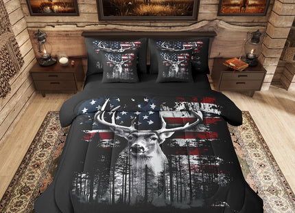 Erosebridal Deer Hunting Full Comforter Set with Sheets for Men, Western Moose Antlers 7 Pcs Bedding Set, American Flag Bed Sets, Cabin Farmhouse Country Lodge Bed in A Bag for Boys Adults Bedroom