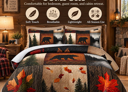 AILONEN Rustic Bear Quilt Set Queen Size,Western Bedspread Bedspread Coverlet with 2 Pillowcases,3-Piece Bear Walk Cabin Plaid Bedding Set