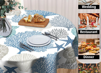 Kawani Nautical Coastal Tablecloth Round 60 Inch Seashell Beach Round Tablecloth 60 Inch Sea Ocean Summer Circle Tabletop Decor Sea Coral Table Covers for Home Kitchen Dinner Holiday Party Picnic