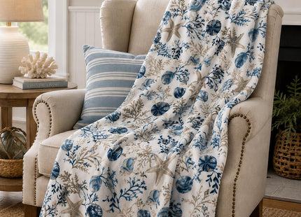 Coastal Ocean Beach Throw Blanket, Blue Gray Taupe White, 50x70 Oversized