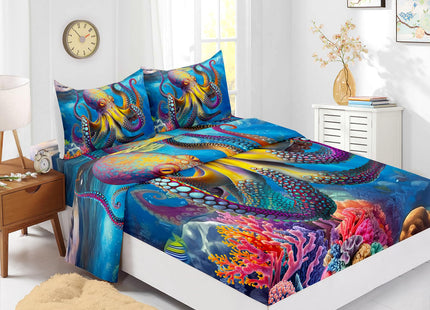 XYNHML 3D Octopus Fitted Sheet Set Full 4Pcs Nautical Ocean Quilt Bed Sheets Seaweed Bedding Set for Boys Teens Adult Includes 1 Fitted Sheet,1 Flat Sheet,2 Pillowcases