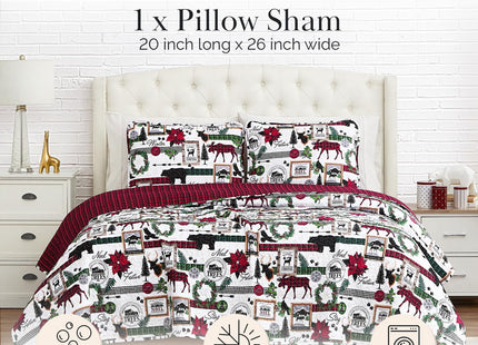 Southshore Fine Living, Inc. Twin Size Christmas Quilt with Matching Pillow Sham, Holiday Bedding Set, Twin/Twin XL Holiday Quilt Set, Reversible Red Plaid Quilt Over Rustic Cabin Print