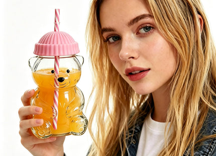 Glass Bear Cup, Bear Straw Cup, Glass Cups with Lids and Straws,Back to School Cute Mugs Bear Sippy Cups Coffee Beer Wine Cocktail Drinks Glassware for Christmas Gift,20 oz (pink)