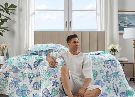 Coastal Quilt Set Full/Queen Size Ocean Themed Bedding Summer Beach Quilts Set Lightweight Reversible Bedspread Coverlets Seashell Starfish Seaweed Bed Spread Soft Home Bed Cover with 2 Pillow Shams