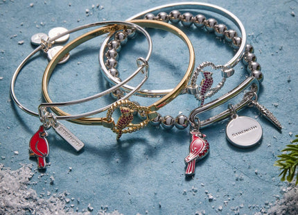 ALEX AND ANI 'Strength' Cardinal Duo Charm Bangle Bracelet - Red Cardinal Charm, Inspirational 'Strength' Accent, Nickel-Free, Cardinal Jewelry for Women (Shiny Silver)