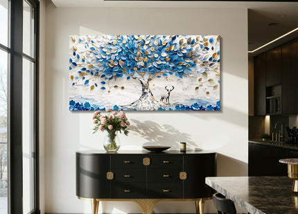 imjiayu Oversized Blue Tree Wall Art, Abstract Deer Canvas, Modern Nature