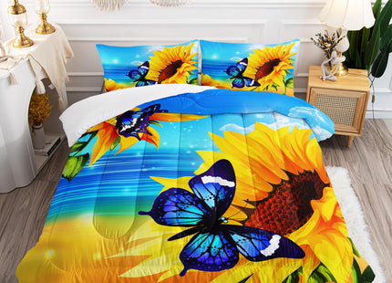 Sunflower Butterfly Comforter Set 3Pcs Twin Ocean Beach Theme Bedding Set