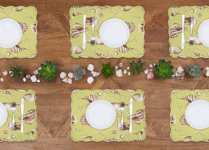 C&F Home Baker Cotton Quilted Reversible Machine Washable Green Seashell Vintage Design Placemat Set of 6 Scalloped Edges Coastal Beach Ocean for Kitchen or Dining Table Rectangular Placemat Set of 6