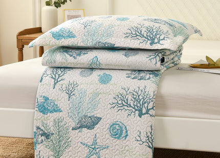 Junsey 3Pcs Ocean Theme Quilts Twin Size Coastal Bedding Set Lightweight Reversible Beach Theme Bedspread Coverlet All Season Home Bedding Decor(Light Blue, Twin)