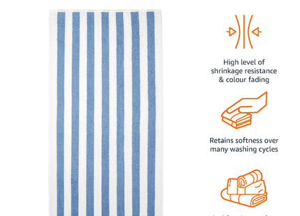 Amazon Basics Soft & Absorbent Beach Towels, 100% Cotton, Cabana Stripe, Machine Washable, Quick Dry, Large 30" x 60", Sky Blue, 2-Pack
