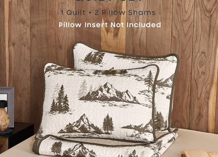 Wake In Cloud - Rustic Quilt Set, Cabin Forest Woodland Camping Theme with Lodge Mountain Print, Reversible Lightweight Bedspread Coverlet, 3 Pieces, Beige Brown, Queen/Full Size
