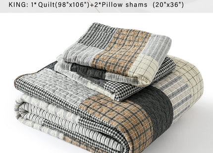 PERHOM Quilt Queen Size - 100% Cotton Farmhouse Rustic Queen Quilt Set, Cabin Bedding Set Bedspreads, Lodge Lightweight Patchwork Plaid Quilted Comforter for Queen Bed, Grey/Brown/Beige