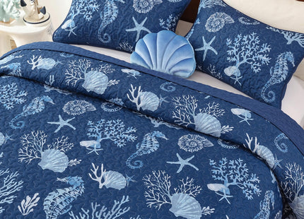 Djoymock Coastal Quilt Set Queen Size 3 Piece, Summer Beach Blue Theme Quilts with Pillowcases Microfiber Ocean Bedding Set Nautical Bedspreads Coverlet Lightweight Comforter for All Season