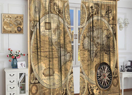 SHElifestyle Vintage World Map Curtains, Rustic Nautical Window Treatments Retro Farmhouse Medieval Compass Window Drapes for Bedroom Living Room Kitchen 63x63in