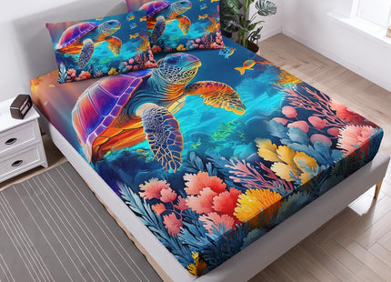 UEVBF Coastal Turtle Bedding Set Twin Size,1 Fitted Sheet+2 Pillowcases.