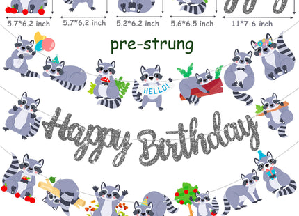 Raccoon Happy Birthday Banners Silver Woodland Party Decoration Themed Cutout for Lover Birthday Woodland Animal Baby Shower Supplies
