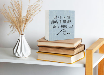 Qvapt Beach Wooden Sign,Coastal Bathroom Signs,Beach Theme Bathroom Decor,Sand in My Shower Means I Had a Great Day Wood Box Sign,Coastal Easter Decor for Home House Table Desk Shelf