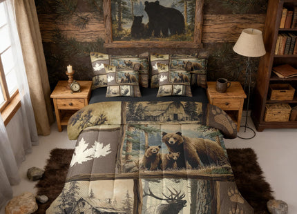 Erosebridal Grizzly Bear Deer Plaid 7 Piece Full Comforter Set, Rustic Farmhouse Cabin Bedding Sets for Kids Boys Men,Country Maple Leaf Bed in a Bag with Sheets,Hunting Wildlife Theme Bed Set