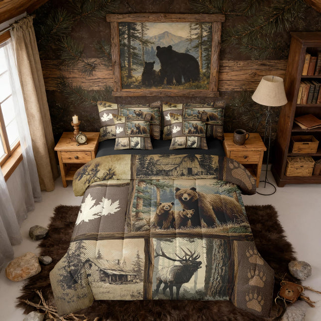 Erosebridal Grizzly Bear Deer Plaid 7 Piece Full Comforter Set, Rustic Farmhouse Cabin Bedding Sets for Kids Boys Men,Country Maple Leaf Bed in a Bag with Sheets,Hunting Wildlife Theme Bed Set