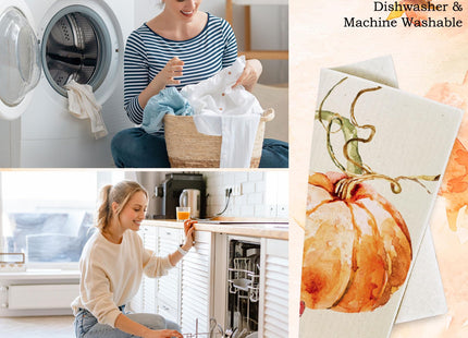 Whaline Fall Pumpkin Swedish Dishcloth Autumn Cotton Kitchen Towel Pumpkin Absorbent Dish Towel for Housewarming Cleaning, 4Pcs, 7.7 x 6.9 Inch