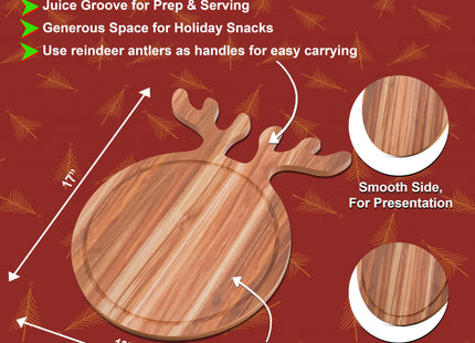 Christmas Charcuterie Board, Reindeer Shaped Acacia Wood, 17x13 In