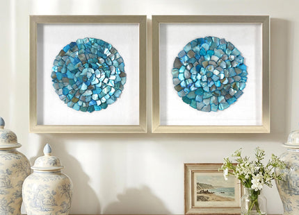 American Art Decor Sea Glass Shadowbox Set - 2-pc Aqua Teal Turquoise Round Seashell Wall Art, Champagne Frame on White Linen - Coastal Wall Decor for Living Room Bedroom Bathroom Office