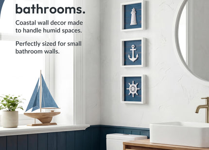 TideAndTales 3D Nautical Wall Decor (Famed Set of 3) Anchor, Lighthouse and Ship Wheel - Rustic Beach Bathroom Coastal Theme Home Decorations - Nautical Gifts, Classic Blue 7"x7"