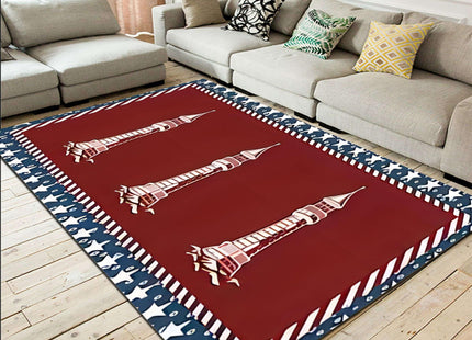LHOMKCV Nautical Theme Area Rug,3x5ft,Ocean Lighthouse Print Burgundy Red Rug, Stars Striped Border Accent Carpet, American Style Non Skid Washable Floor Mats for Living Room Bedroom KidsRoom