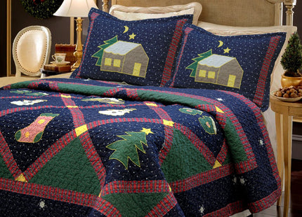 Cozy Line Home Fashions Holiday Christmas 2-Piece Twin Patchwork Quilt Bedding Set, Silent Night Winter Starry Sky Cabin, Soft Lightweight Coverlet Bedspread
