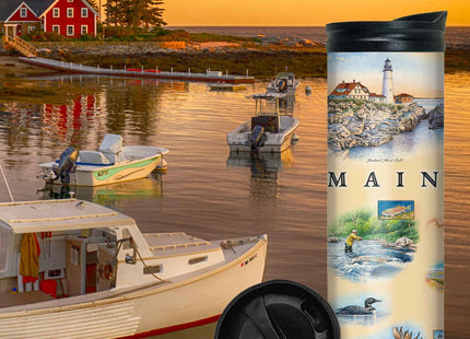 Xplorer Maps Maine Map 16 Oz Travel Drinkware with Spill-Resistant Lid - Stainless Steel Vacuum Insulated Coffee Tumbler