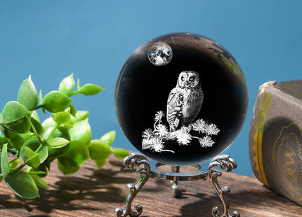 PYJ3DLAMP 3D Owl Crystal Ball with Stand Lase Engraved Glass Sphere Paperweight Owl Decor Gift