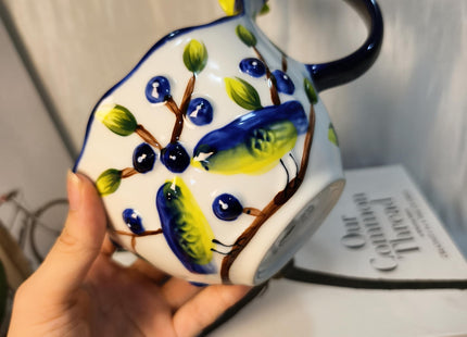 17.64 Oz Microwave Safe Soup Bowl with Loop Handle, Hand Painted Relief Blueberry Decor Mug Big Handle, Ceramic Soup Bowl with Spoon Set for Holding Fruits Cereal Snack, Milk,Ice Cream,Olive and Salsa