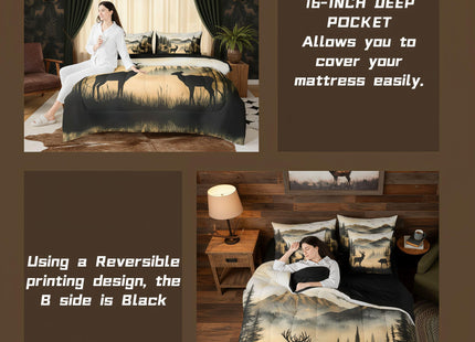 jejeloiu Western Rustic Cute Deer Cabin Comforter Set Full with Sheets for Kids Boys Girls Hunting 7 Pieces Bedding Set Country Farmhouse Bed in a Bag Foggy Mountain Room Decor