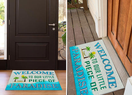 Supwhd Beach Door Mat, Coastal Beach Welcome Mat, Beach Decor for Room House, Nautical Door Mat, Coastal Bathroom Kitchen Decor, Welcome to Our Little Piece of Paradise 17x30 in