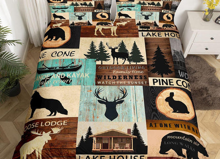 Hunting Woodland Animal Duvet Cover Full Rustic Fox Bear Deer Moose Bedding Set,Lake House Fishing Comforter Cover For Farmhouse Cabin Lodge,Countryside Wildlife Bed Set Brown Teal 2 Pillow Cases