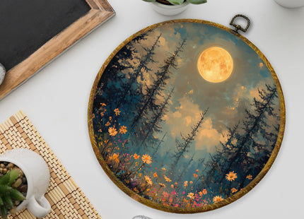 XPH Moonlit Wildflower Forest Round Wall Art Framed, Mystical Full Moon Woodland Circle Wall Decor, Rustic Nature Nightscape Floral Hanging Canvas Prints for Office Home Decoration, 10x10 Inch