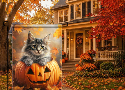 BlissYard Halloween Garden Flag 12x18Inch Maine Coon Cat Pumpkin Fall Decor